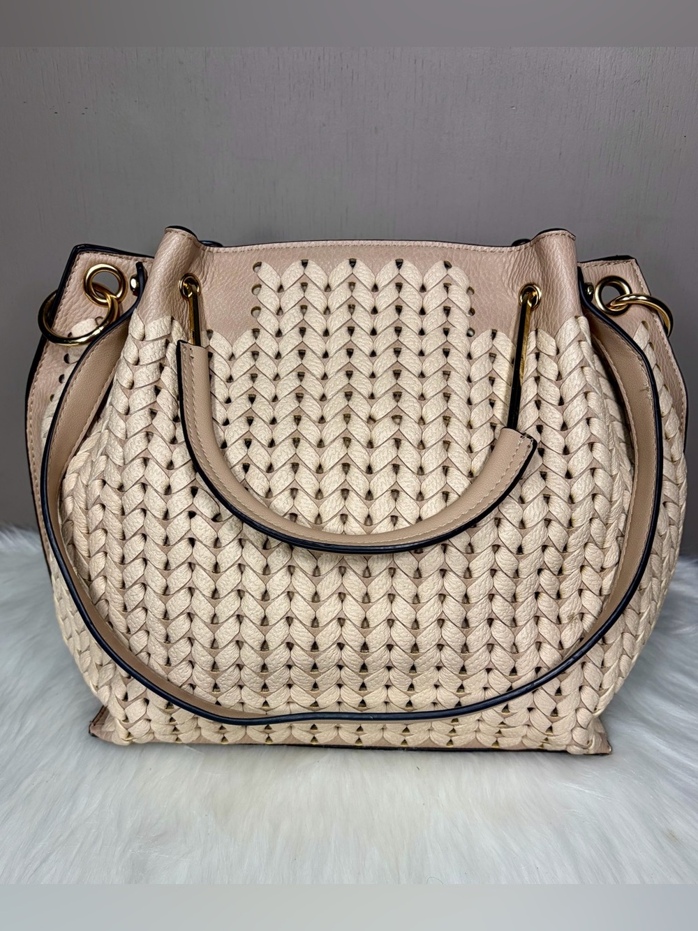 SONDRA ROBERTS Beige Woven Satchel w/Gold Hardware